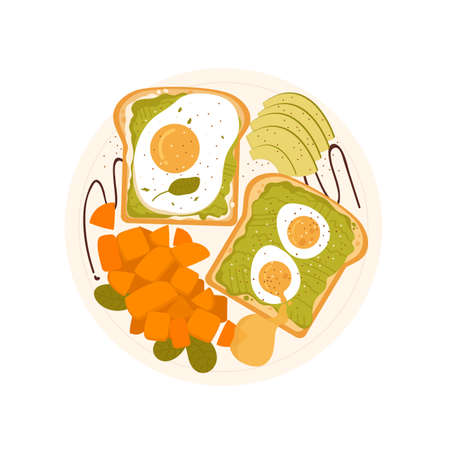 Top view of breakfast toasts with eggs. Morning dish avocado sandwiches isolated illustrationのイラスト素材