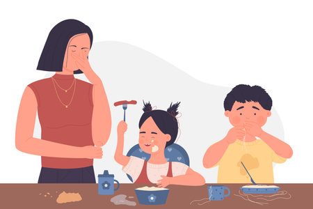 Scene with food mess on family breakfast. Messy children at dinner table cartoon vector illustrationのイラスト素材