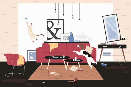 Dog and cat making chaos and mess at home. Cute kitten jumping after butterfly, puppy playing among broken interior damaged furniture flat vector illustration. Messy house, naughty pets conceptのイラスト素材