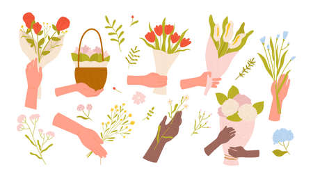 Hands hold flowers vector illustration. Cartoon floral gift for girl, bouquet for vase with bunch of summer cute wild herbs, gentle petals, plants and blossoms isolated on white. Floristry conceptのイラスト素材