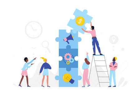 Teamwork of tiny people on business project development. Partner characters collaborate and move pieces of puzzle jigsaw, man standing on ladder flat vector illustration. Partnership, solution conceptのイラスト素材