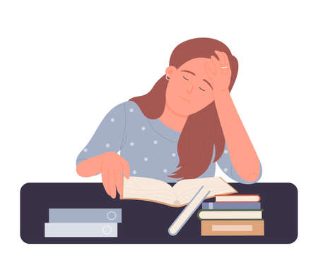 Bored reading female teenager. Exhausted sleepy student studying isolated illustrationのイラスト素材
