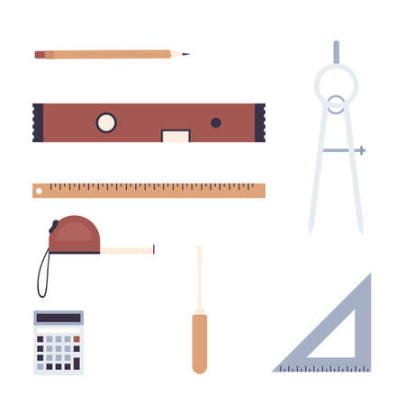 Building construction tools. Architect working supplies and equipment isolated illustrationのイラスト素材