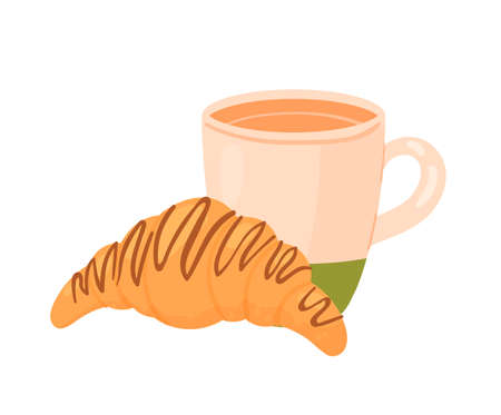 Breakfast croissant with coffee cup. Morning healthy brunch, bakery menu isolated illustrationのイラスト素材