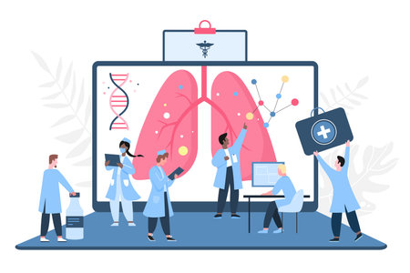 Medical diagnostics of lung diseases by tiny doctors pulmonologists using laptop. Online...