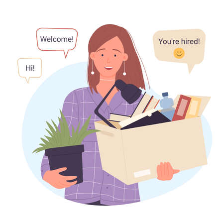 Acquaintance with new employee in office. Cartoon woman standing with box full of things and welcome phrases from colleagues in communication bubbles flat vector illustration. Job, career conceptのイラスト素材