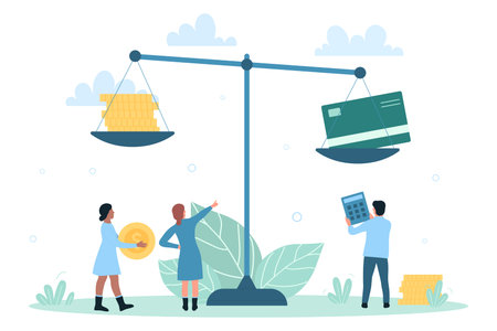 Credit card and cash money on balance scales. Cartoon tiny people with calculator managing weight of gold coins, bills and loan in financial account flat vector illustration. Budget, finance conceptのイラスト素材