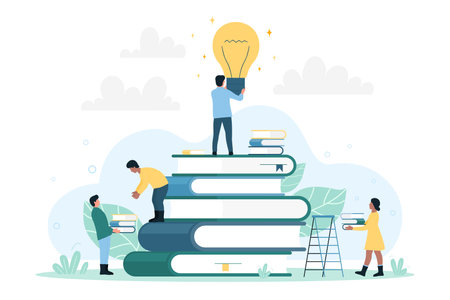 Organization, search and collection of digital information. Cartoon tiny managers work with organized archives, collect book in big stacks flat vector illustration. Database, management conceptのイラスト素材