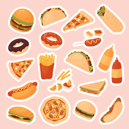 Fast food restaurant menu sticker pack set vector illustration. Cartoon yummy fastfood meal stickers with delicious hot dog sandwich hamburger taco pizza donut french fries cheeseburger isolatedのイラスト素材