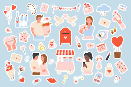 Love, romantic collection vector illustration sticker pack set. People in love, hugging or sending love messages, giving flowers, cute gifts elements for scrapbook. Valentines Day, romance conceptのイラスト素材