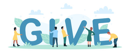Charity donation poster with tiny volunteers and give lettering. Cartoon people donate humanitarian aid in generous project, giving letters in hands flat vector illustration. Campaign, help conceptのイラスト素材