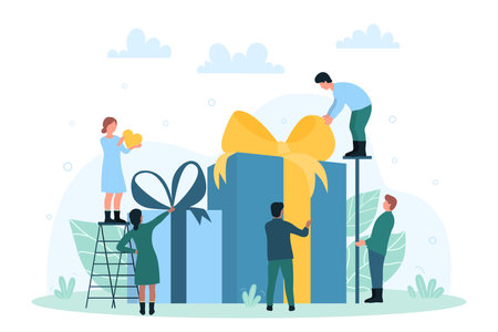 Gift offers for customers, incentive referral loyalty campaign with bonuses and benefit. Cartoon tiny people standing near present box with ribbon flat vector illustration. Promotion, reward conceptのイラスト素材