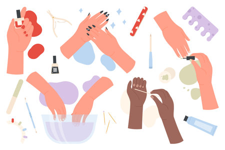 Nail care, spa procedures set vector illustration. Cartoon female hands hands holding tools and nail polish for manicure in beauty salon isolated white. Cosmetics, skincare and hygiene conceptのイラスト素材
