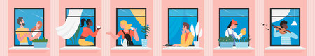 Community of neighbors inside windows of house. Cartoon people living in neighboring home...