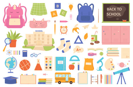 School supplies, building and stationery set for autumn album vector illustration. Cartoon cute notebook and pencil for children, book, unicorn backpack for lessons isolated white. Education conceptのイラスト素材