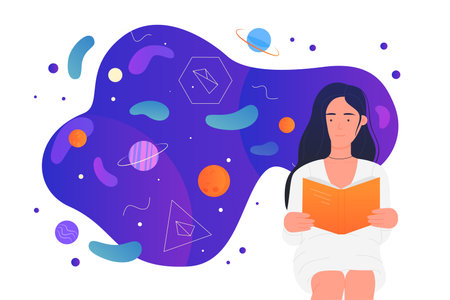 Science research and education. Cartoon woman reading open book with scientific publication or articles, symbols of knowledge flying over girl flat vector illustration. Literature, study conceptのイラスト素材