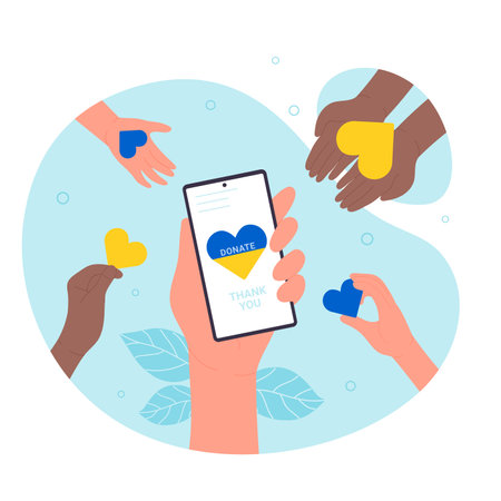 Volunteers donating yellow and blue hearts in charity campaign to help Ukraine. Hand holding mobile phone with Donate and Thank you text on screen flat vector illustration. Fund, donation app conceptのイラスト素材
