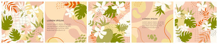 Abstract exotic branch with flowers and leaves from tropics in floral pattern set vector illustration. Geometric texture, beach paradise foliage and blossoms in tropical artwork background collectionのイラスト素材