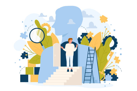 Open mind for future career, communication, business growth and success progress. Cartoon man standing on ladder to open door inside human silhouette flat vector illustration. Mental health conceptのイラスト素材