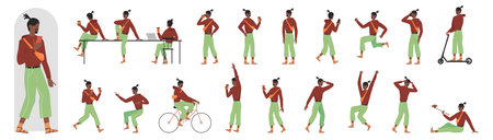 African american black young man poses in front, side and back view set vector illustration. Cartoon guy with beard and sunglasses riding electric scooter and bicycle, doing selfie, talking on phoneのイラスト素材