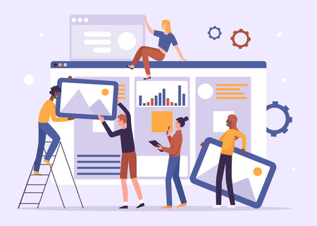 Digital content building process, marketing and programming website interface. Cartoon builders...