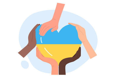 Hands of volunteers holding heart with Ukrainian flag together. Support, assistance and help to Ukraine from community of people flat vector illustration. Solidarity, humanitarian aid conceptのイラスト素材