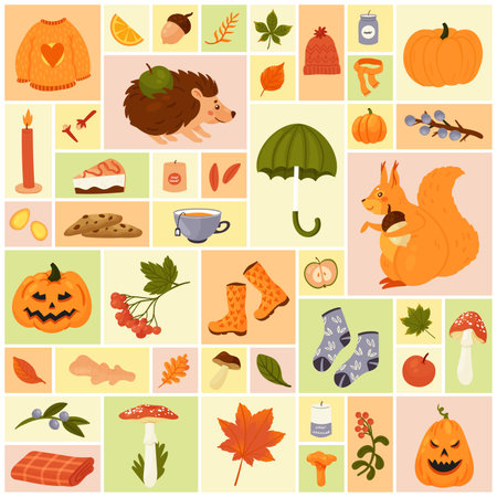 Autumn season set vector illustration. Cartoon herbarium of forest tree leaves, candle and acorn, cute squirrel and hedgehog with apple, harvest for Thanksgiving party in geometric collage backgroundのイラスト素材