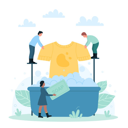 Laundry cleaning service with tiny people. Cartoon man and woman holding dirty shirt and soap to wash clothes over basin with foam, washing process flat vector illustration. Housework conceptのイラスト素材