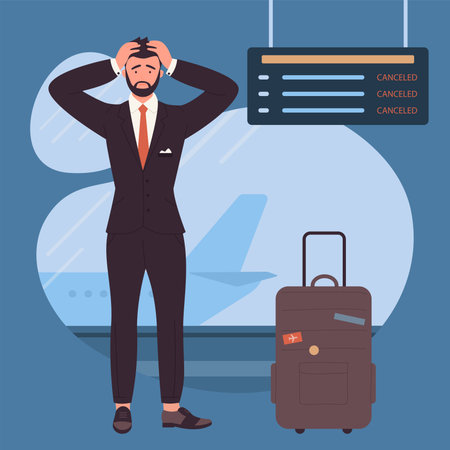 Businessman standing near airport schedule board with information about canceled flights vector illustration. Cartoon unlucky worried man in suit holding head in fear background. Travel conceptのイラスト素材