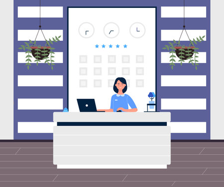 Hotel reception interior with female receptionist waiting for guests vector illustration. Cartoon secretary standing behind desk to help visitors with booking room background. Accommodation conceptのイラスト素材
