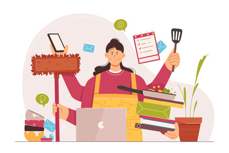 Busy multitask woman with many hands working with laptop and kitchen tools. Cartoon overworked housewife cooking food, holding frying pan, books, mop flat vector illustration. Time management conceptのイラスト素材