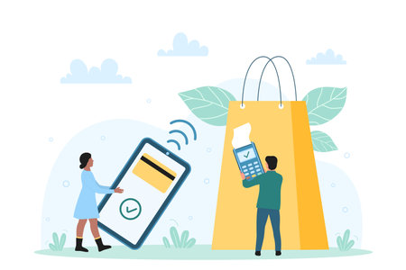 Contactless cashless payment with PayPass, NFC technology vector illustration. Cartoon tiny customers buy, pay online for purchases, holding POS terminal and mobile phone with credit card on screenのイラスト素材