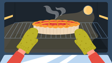 Hands of baker putting fruit cake dessert on tray into kitchen oven to bake vector illustration. Cartoon chef making traditional pie or tart, view from open door of modern electric oven backgroundのイラスト素材