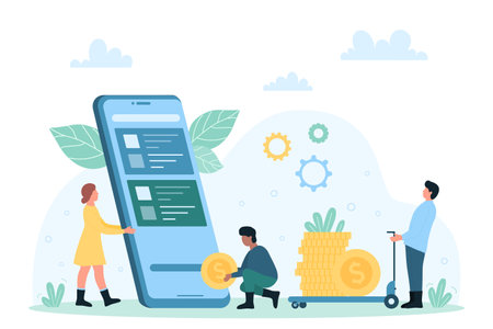 Money transfer, payment using mobile phone app vector illustration. Cartoon tiny people send cash money and pay online from screen of smartphone with credit cards, transaction with digital walletのイラスト素材