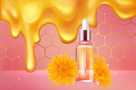 3d glass bottle with pipette, amber serum and flowing golden honey drops of liquid vector illustration. Realistic skincare product, cosmetic flask with eyedropper, natural orange flowers backgroundのイラスト素材