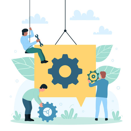 Business processes, technical project settings and effective organization with tiny people. Cartoon team of employees work with gears and cogwheels flat vector illustration. Engineering conceptのイラスト素材