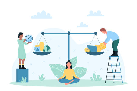 Comparison of work life balance vector illustration. Cartoon tiny man and woman compare on scales with money price of career, wellness and healthy lifestyle. Responsibility, choice, payment conceptのイラスト素材