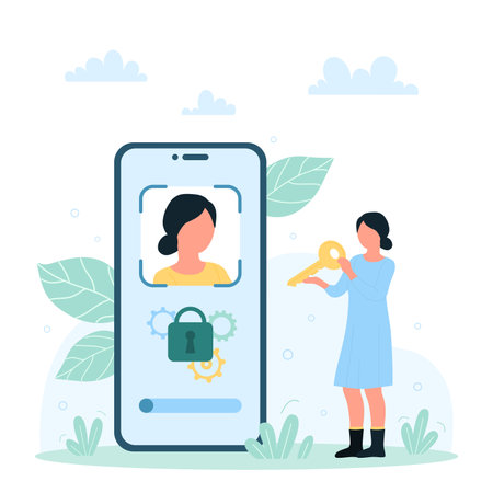 Face recognition for phone, ID and privacy vector illustration. Cartoon tiny woman holding key to lock on screen of smartphone to access user account with personal information, mobile applicationのイラスト素材