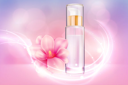 3D bottle with cosmetic product for beauty and skin care, pink flower and white glow of swirl lines and particles vector illustration. Realistic packaging with whitening cream, lotion backgroundのイラスト素材