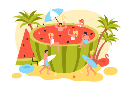 Summer fun pool party of funny tiny people in huge watermelon vector illustration. Cartoon characters play ball and drink cocktail, sunbathing, swimming and surfing inside juicy watermelon summertimeのイラスト素材