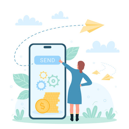 Money payment and instant transaction from digital wallet, bank account mobile app vector illustration. Cartoon tiny woman touching send button on phone screen to pay and transfer dollar gold coinsのイラスト素材