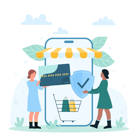 Safe payment in online store vector illustration. Cartoon tiny people protect digital financial transaction, woman holding credit card to pay for purchases and safety shield near big smartphoneのイラスト素材