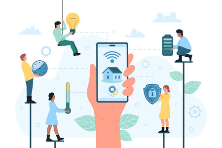 Smart home technology vector illustration. Cartoon users hand controlling automation house system with mobile app in phone, tiny people holding light bulb, battery thermometer, shield and clock iconsのイラスト素材