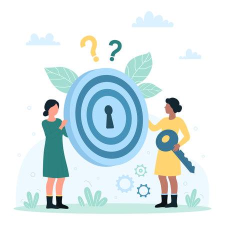 Solution or reason to solve business problem, find answer to question vector illustration. Cartoon tiny people holding key and darts target with keyhole inside, woman working to unlock and open lockのイラスト素材