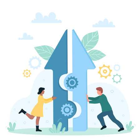 Business partnership, merger and connection of teams for progress vector illustration. Cartoon tiny people connect pieces and merge arrow puzzle with gears inside, making organization teamwork processのイラスト素材