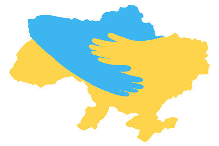 Hands embrace Ukrainian map yellow blue flag colours concept vector illustration. Support help love Ukraine in fight for freedom against agression.のイラスト素材