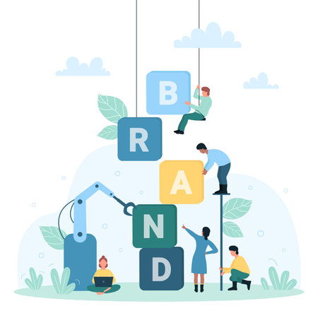 Brand creation, development and advertising vector illustration. Cartoon tiny people make brand word from cubes with letters, characters build success marketing strategy and company togetherのイラスト素材