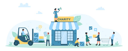Charity, delivery, collection and storage donation boxes vector illustration. Cartoon tiny people volunteering, loading humanitarian aid boxes by forklift, volunteers help in coordination centerのイラスト素材