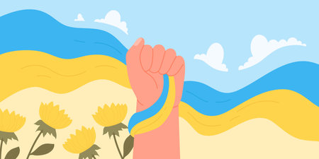 Raised fist holding wavy ribbon in yellow and blue colors of Ukrainian flag vector illustration. Hand with national patriotic symbol of victory, independence and freedom of Ukraine backgroundのイラスト素材