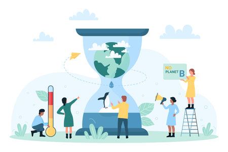 Global climate change on planet Earth vector illustration. Cartoon tiny people holding thermometer and megaphone to announce global warming, greenhouse effect problem. World Environment Day conceptのイラスト素材